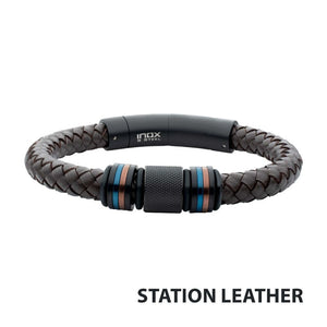 Brown Full Grain Cowhide Leather Braided Bracelet with Multicolor Beads