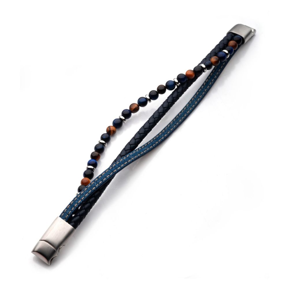 Leather & Blue Denim with Lapis Lazuli & Tiger's Eye Stone Bead Multi-Strand Bracelet