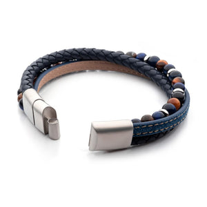 Leather & Blue Denim with Lapis Lazuli & Tiger's Eye Stone Bead Multi-Strand Bracelet