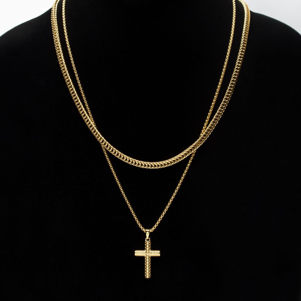 Polished 18Kt Gold IP Scale Cross Drop Pendant with Bold Box Chain
