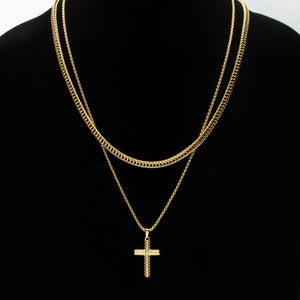 Polished 18Kt Gold IP Scale Cross Drop Pendant with Bold Box Chain